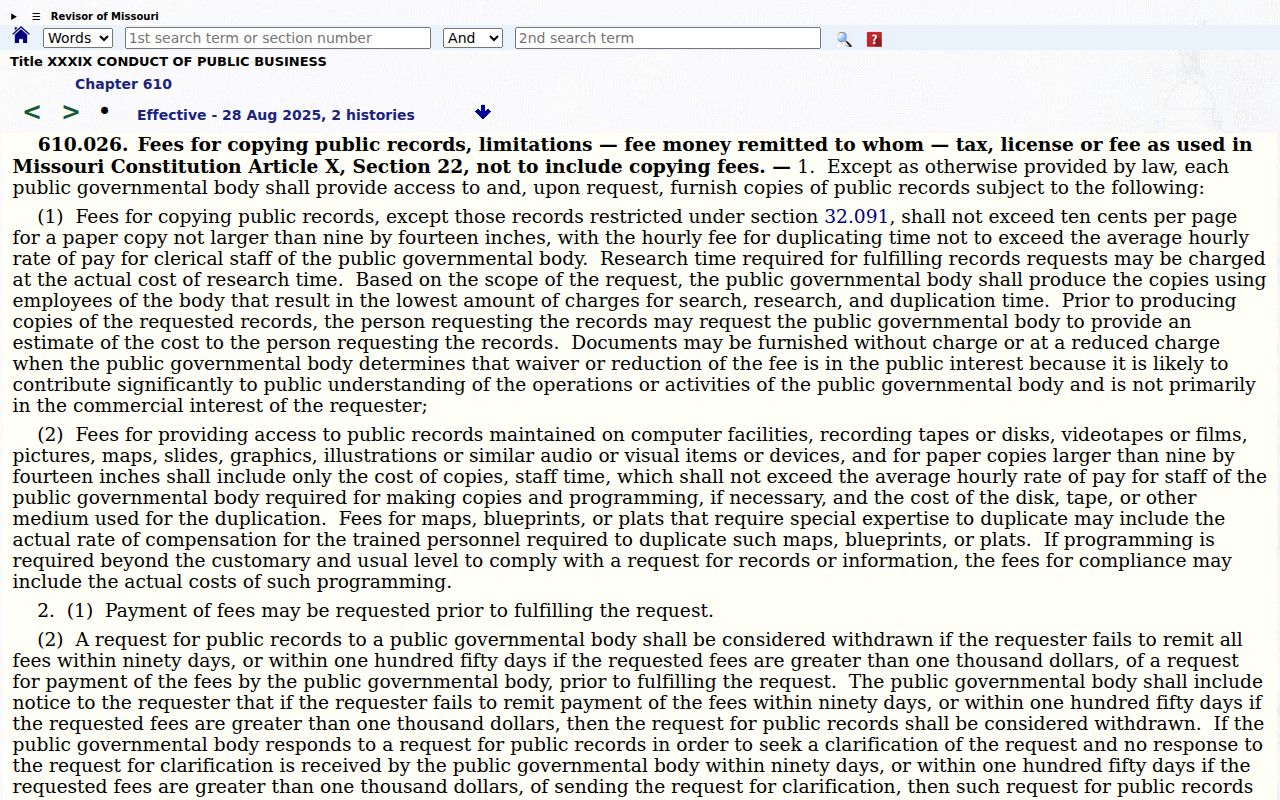 Schuyler County court record copy fees under Missouri public records law